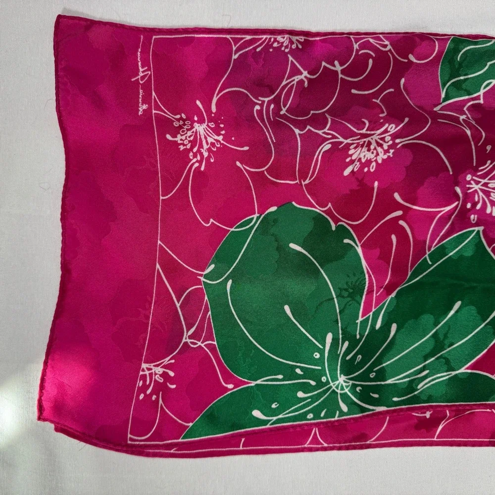 Ginnie Johnson Pink Hibiscus Floral Silk‎ Scarf Tropical Botanical Signed 61x11
